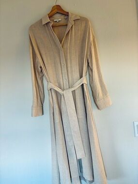 Vince Long Sleeve Belted Shirt Dress in Light Beige